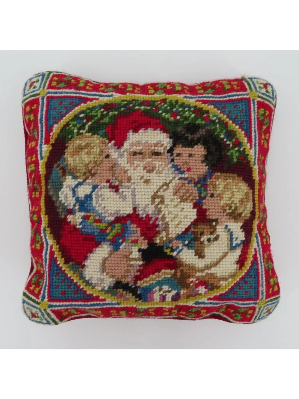 Santa Claus Children Christmas Red Velvet Needlepoint Throw Pillow Xmas Holiday